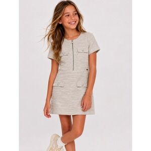 Guess Cream Tweed Short Sleeve Half Zip Mini Dress Size 12 NWOT